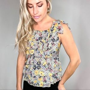 Anthropologie Odille Blue & Yellow Floral Ruffle Blouse size 4